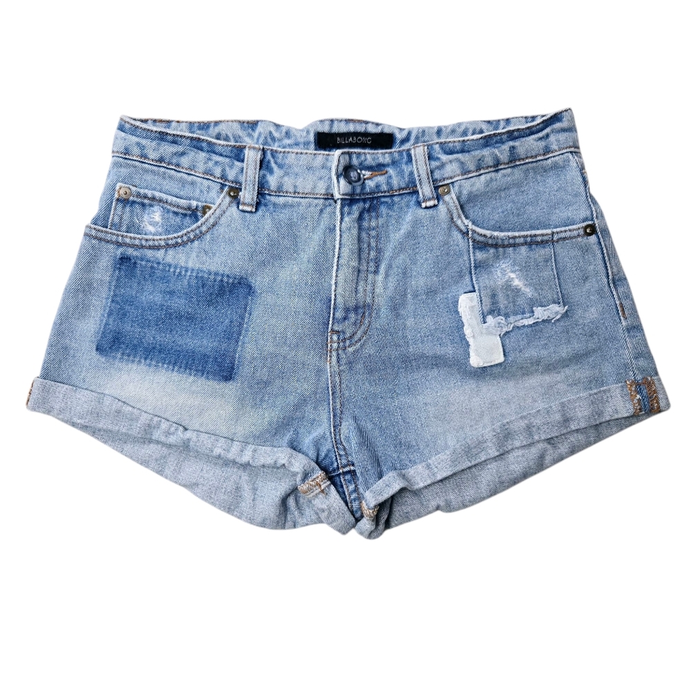 Billabong High Rise Love Patch‎ Blue Denim Jean Shorts Cotton Distressed Size 29